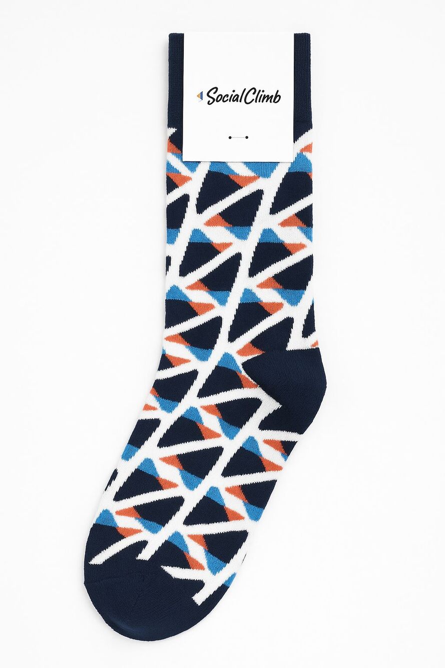 Social Climb Crew Socks Made in USA Blue White Orange Geometric Pattern NWT
